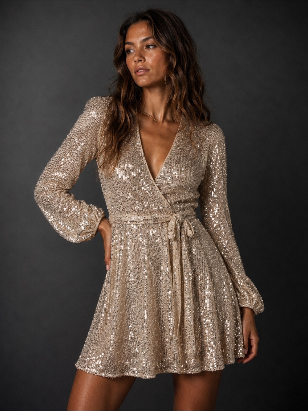 Bardot Sequin Wrap Mini Dress Glam